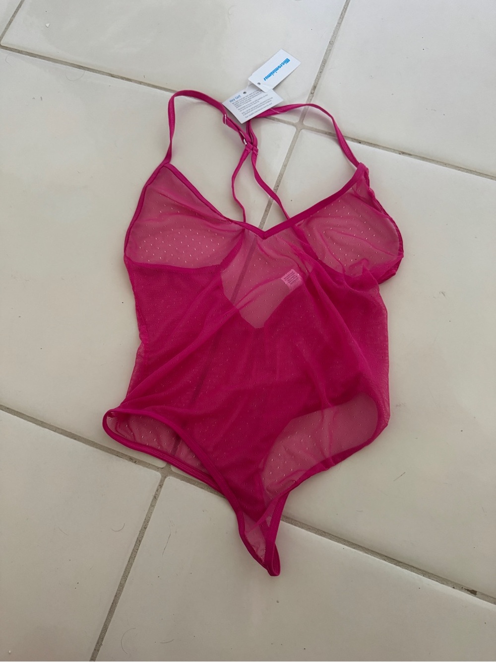 Sheer Mesh Lace-Trim Bodysuit in Fuchsia - Women Intimates